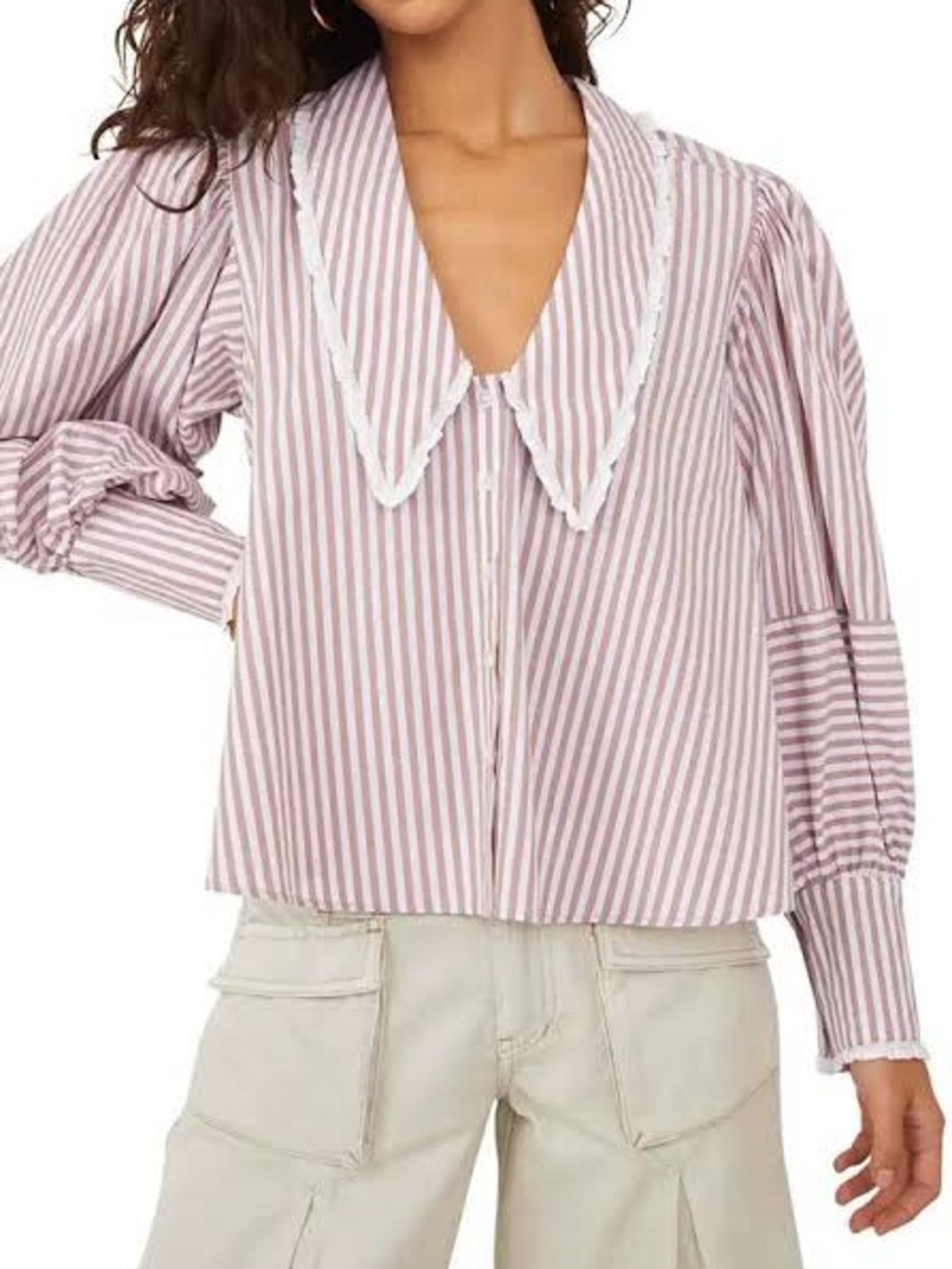 Free People Bexley Stripe Ruffle Collar Blouse M Boho Cottagecore Feminine